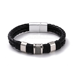 Bracelet cordon tressé cuir rétro pour homme, bracelet de perles en alliage rectangle avec fermoirs magnétiques, argent antique, noir, 8-1/2 pouce (21.5 cm)