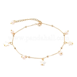 Brass Cable Chain Anklets, with Round Beads, Natural Trochid Shell Star Beads and Natural Pearl Beads, Golden, 9-3/4 inch(24.8cm)