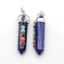 Bijoux de chakra de yoga, pierres précieuses en laiton plaqué platine, gros pendentifs pointus à double terminaison, lapis-lazuli, 58x17x16mm, Trou: 7x6mm
