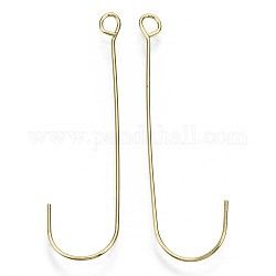 Brass Earring Hooks, Ear Wire, with Horizontal Loop, Nickel Free, Real 18K Gold Plated, 43~44x11mm, Hole: 2.5mm, Pin: 0.5mm