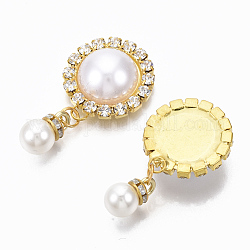 Cabujones de latón, con rhinestone de cristal y perlas de imitación de plástico abs, plano y redondo, blanco, dorado, 38x20.5x7.5mm
