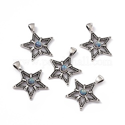 Pendentifs de labradorite naturelle, breloque étoiles, avec des accessoires en laiton de couleur argent antique, 37x31x7~7.5mm, Trou: 6x3.5mm