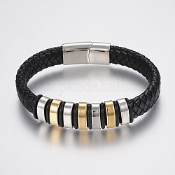 Bracelets en cuir tressé, avec accessoires de perles en 304 acier inoxydable et fermoirs magnétiques, noir, 8-5/8 pouce (220 mm), 29x14x8mm