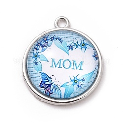 Pendenti in vetro lega tema festa della mamma, piatta e rotonda con la parola, cielo blu profondo, 23.5x20x6mm, Foro: 2 mm
