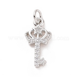 Brass Micro Pave Cubic Zirconia Pendants, with Jump Ring, Crown Key with Star Charm, Platinum, 16x8x1.5mm, Hole: 2.8mm