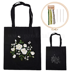 WADORN DIY Embroidery Canvas Bags Kit, Black Tote Bag Embroidery Kits with Flower Pattern for Beginners Canvas Handbag Cross Stitch Kit DIY Crafts Supplies Embroidery Starter Kit for Adults