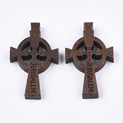 Colgantes de madera, religión, cruz con la palabra jerusalén, teñido, coco marrón, 34~35x21~22x4.5mm, agujero: 1.5 mm