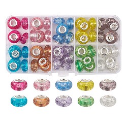 60Pcs 10 Colors Rondelle Resin European Beads, Large Hole Beads, with Glitter Powder and Platinum Tone Brass Double Cores, Mixed Color, 13.5x8mm, Hole: 5mm, 6pcs/color