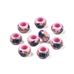 Cuentas redondas de acrílico opaco con estampado de flores, Abalorios de grande agujero, rosa, 15x9mm, agujero: 7 mm