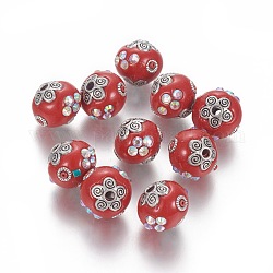 Fatti a mano indonesia perline strass, con accessori metallico, tondo, argento antico, rosso, 15~15.5x14~15mm, Foro: 2.2 mm