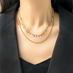 Collar de doble capa con dijes ovalados de esmalte colorido, 304 cadena de eslabones de acero inoxidable para mujer., dorado, 14.96 pulgada (38 cm)