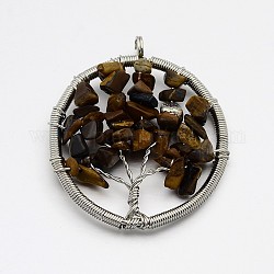 Brass Gemstone Big Pendants, Flat Round with Tree of Life, with Metal Findings, Platinum, Tiger Eye, 56x50x9mm, Hole: 5mm