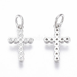 Brass Micro Pave Cubic Zirconia Tiny Cross Charms, with Jump Ring, Nickel Free, Clear, Real Platinum Plated, 14x8.5x1.5mm, Hole: 3mm