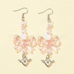 Boucles d'oreilles pendantes en acrylique nœud papillon et cœur, Boucles d'oreilles longues en laiton platine pour femme, rose, 83mm, pin: 0.6 mm