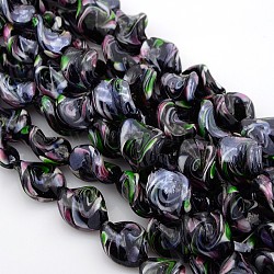 Pearlized Handmade Inner Flower Lampwork Twist Beads Strands, Black, 20x15mm, Hole: 1mm, about 10pcs/strand, 7.08 inch