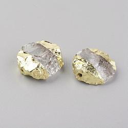 Perlas de cristal de cuarzo natural, con fornituras de latón, plano y redondo, dorado, 18~19x18~20x7~8mm, agujero: 1.5 mm