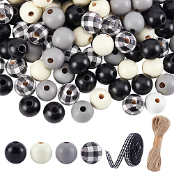 Pandahall Elite bricolage perles de bois kits de fabrication de bijoux, y compris 180 pièces 4 couleurs perles de bois, 1 paquet de corde de jute et 1 rouleaux de ruban de polyester, couleur mixte, 16mm, Trou: 4mm, 45 pcs / couleur
