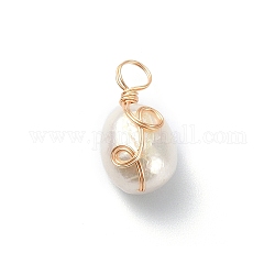 Pendenti di perle d'acqua dolce coltivate naturali di grado aa, ciondoli di perle avvolti in filo di rame ecologico placcato a lunga durata, due lati lucido, oro, 16.5x8.5x8mm, Foro: 3.5 mm