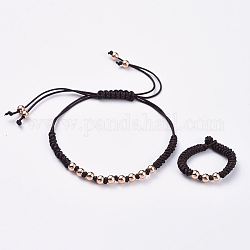 Adjustable Braided Bead Bracelets and Rings Jewelry Sets, with Nylon Thread Cord and Brass Beads, Cadmium Free & Lead Free, Rose Gold, 10-1/4 inch~11 inch(26~28cm), 78x3.5~4x2.5mm
