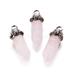 Grand pendentif en quartz rose naturel, avec les accessoires en laiton, balle, platine, 52.5~60.5x21~22x20~22mm, Trou: 8mm