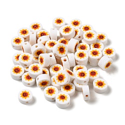 Handmade Polymer Clay Beads, Round with Sun, White, 9x4.5mm, Hole: 1.8mm
