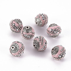 Manuell Indonesiene Perlen, mit Strass und Legierungskerne, Runde, Antik Silber Farbe, Flamingo, 14~16x14~16 mm, Bohrung: 1.5 mm