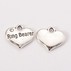 Wedding Theme Antique Silver Tone Tibetan Style Heart with Ring Bearer Rhinestone Charms, Cadmium Free & Lead Free, Crystal, 14x16x3mm, Hole: 2mm