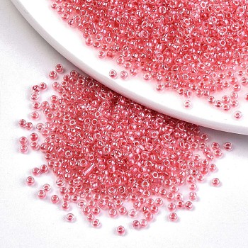 12/0 Glass Seed Beads, Transparent Inside Colours Luster, Round Hole, Round, Light Coral, 12/0, 2~2.5x1.5~2mm, Hole: 0.8mm, about 30000pcs/bag