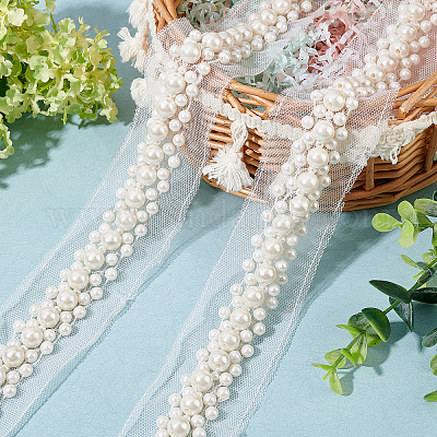 FINGERINSPIRE 2 Yards/1.82m Pearl Beaded Trim 46mm White Polyester Mesh  Lace Applique Trim, Bridal Dress Edging Trim with Pearls, Decorative Lace  Trim