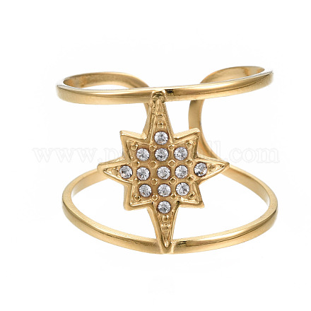 304 Stainless Steel Star Open Cuff Ring with Rhinestone RJEW-T023-89G-1