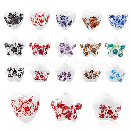 Pandahall Elite 60 Stück 15 Stil Herz & Blume & Stern handgemachte Porzellan Keramikperlen Stränge PORC-PH0001-30-1
