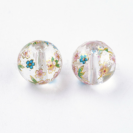 Flower Picture Printed Glass Beads GLAA-E399-8mm-C01-1