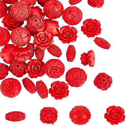 Chgcraft 40pcs Zinnober geschnitzte Rose Perlen Blume Lotus Zinnober Perlen Blume schnitzen lose Perlen für die Schmuckherstellung CARL-CA0001-01-1