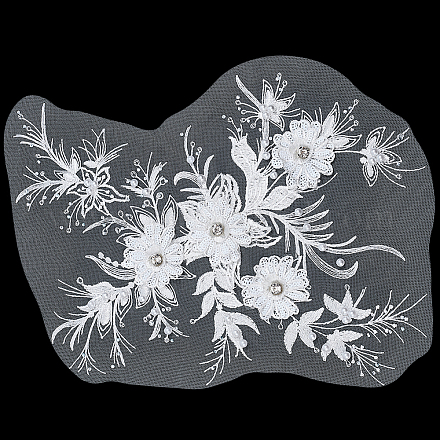 ポリエステル刺繍 3D 花のアップリケを縫います。  プラスチックラインストーン付き  ウェディングドレスの縫製工芸品の装飾  チョンサム  ホワイト  400x345x0.1~7mm DIY-WH0304-717-1