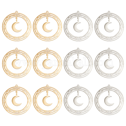 DICOSMETIC 12Pcs 2 Colors Crescent Moon Pendant Golden Hollow Moon Charm Filigree Lunar Pendant Flat Round Charm Night Sky Charm Stainless Steel Dangle Jewelry Supplies for Jewelry Making STAS-DC0012-16-1