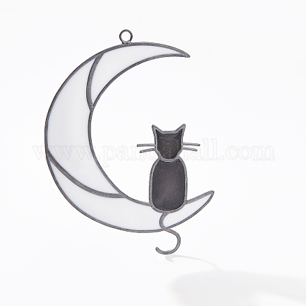 CREATCABIN Cat on The Moon Suncatcher Ornament Decor Cat Window Hangings Ornament Cat Memorial Gifts Decoration for Cat Lovers Mom Daughter Friends Family Halloween Christmas 4.13 x 5.91 Inch HJEW-CN0001-15-1