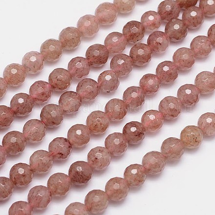 Faceted(128 Facets) Natural Strawberry Quartz Round Bead Strands G-L411-28-6mm-1