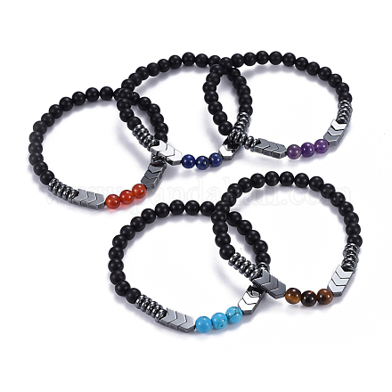 Bracelets extensibles en agate noire naturelle (teinte) et perles de pierres mélangées BJEW-JB04219-1