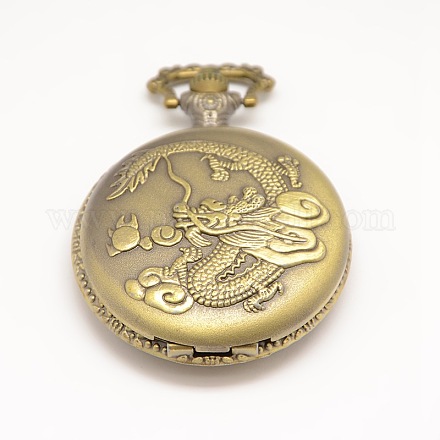 Plana redonda tallada dragón de cuarzo aleación de la vendimia del reloj cabezas colgantes para el collar del reloj de bolsillo WACH-M109-21-1