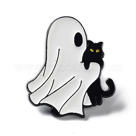 Ghost with Black Cat 合金エナメルブローチ  ハロウィンピン  ホワイト  29x25x1.5mm JEWB-E034-02EB-05-1