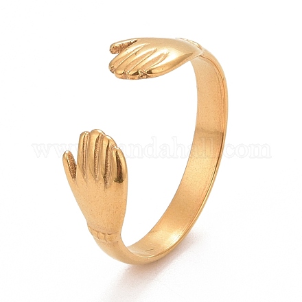 Ion Plating(IP) 304 Stainless Steel Double Hand Hug Open Cuff Ring for Women RJEW-C025-08B-G-1