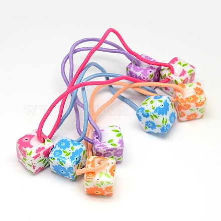 Girls Hair Accessories Ponytail Holder Resin Cube Bead with Flower Elastic Fiber Hair Ties OHAR-O001-17-1