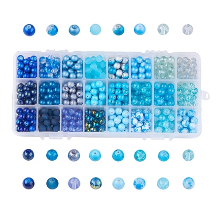混合スタイルのガラスビーズ  ラウンド  24色  グラデーションカラー  ブルー  8~8.5mm  穴：1.3~1.6mm  約27~30個 /コンパートメント  648~720個/箱 GLAA-JP0001-04D-1