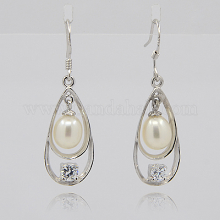 Sterling Silver Pearl Dangle Earrings EJEW-F006-30-1