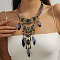Bohemian Style Alloy Jet Rhinestone and Dyed Feather & Polyester Cloth Teardrop Statement Bib Necklaces for Women, Antique Bronze, Black, 18.70 inch(47.5cm)