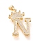 Brass Micro Pave Cubic Zirconia Pendants, Long-Lasting Plated, with Snap on Bail, Letter.N with Crown, Real 18K Gold Plated, Clear, Letter.N, N: 28x20x4mm, Hole: 3x4mm