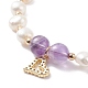 Bracciale con perline di ametista e perle naturali con ciondolo a forma di cuore in zirconi BJEW-JB08167-01-5