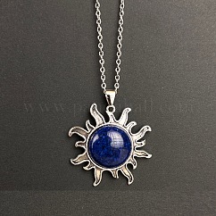 Colliers vintage avec pendentif soleil en lapis-lazuli naturel et chaîne en alliage, platine, 19.69 pouce (50 cm)