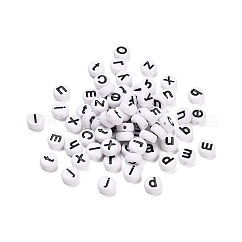 Abalorios acrílicos opacos, plano y redondo con la letra, blanco, 7x3.5mm, agujero: 1.2 mm, aproximamente 3700 unidades / 500 g