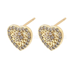 Boucles d'oreilles à tige en laiton avec micro pavé de zircons cubiques transparents en forme de cœur pour la Saint-Valentin&nbsp;EJEW-C186-17G-01
